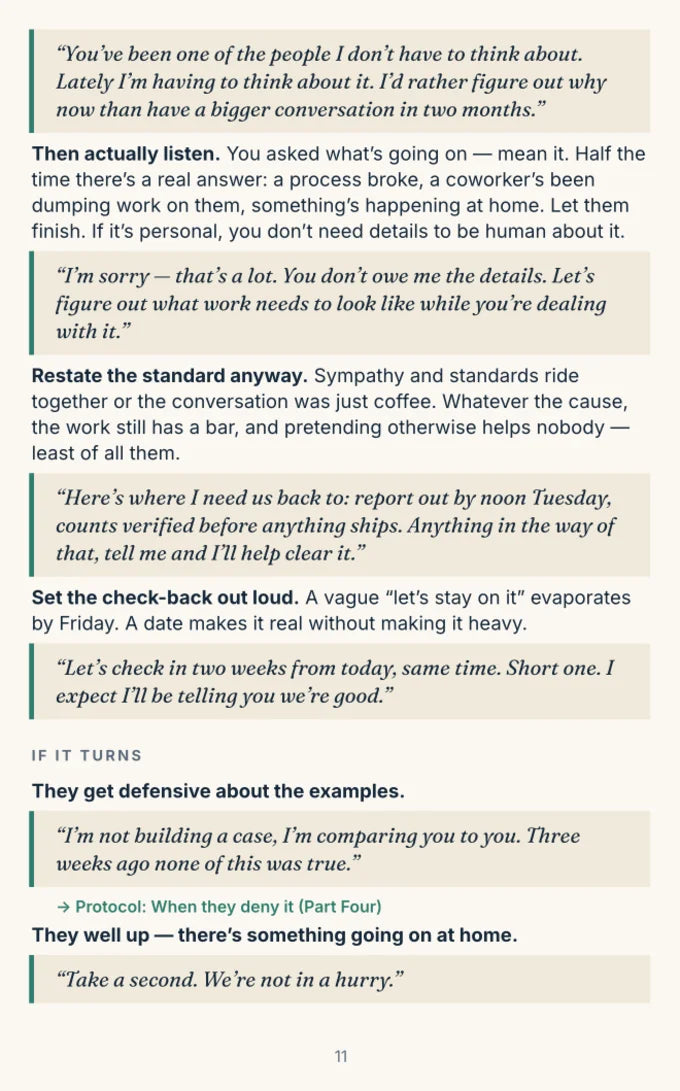Page 11 — Script 1: conversation beats with the exact scripted lines