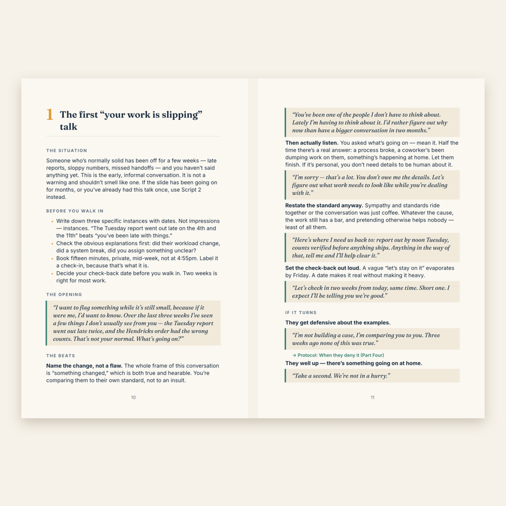 Inside spread of the Exact Words script system showing a full conversation script